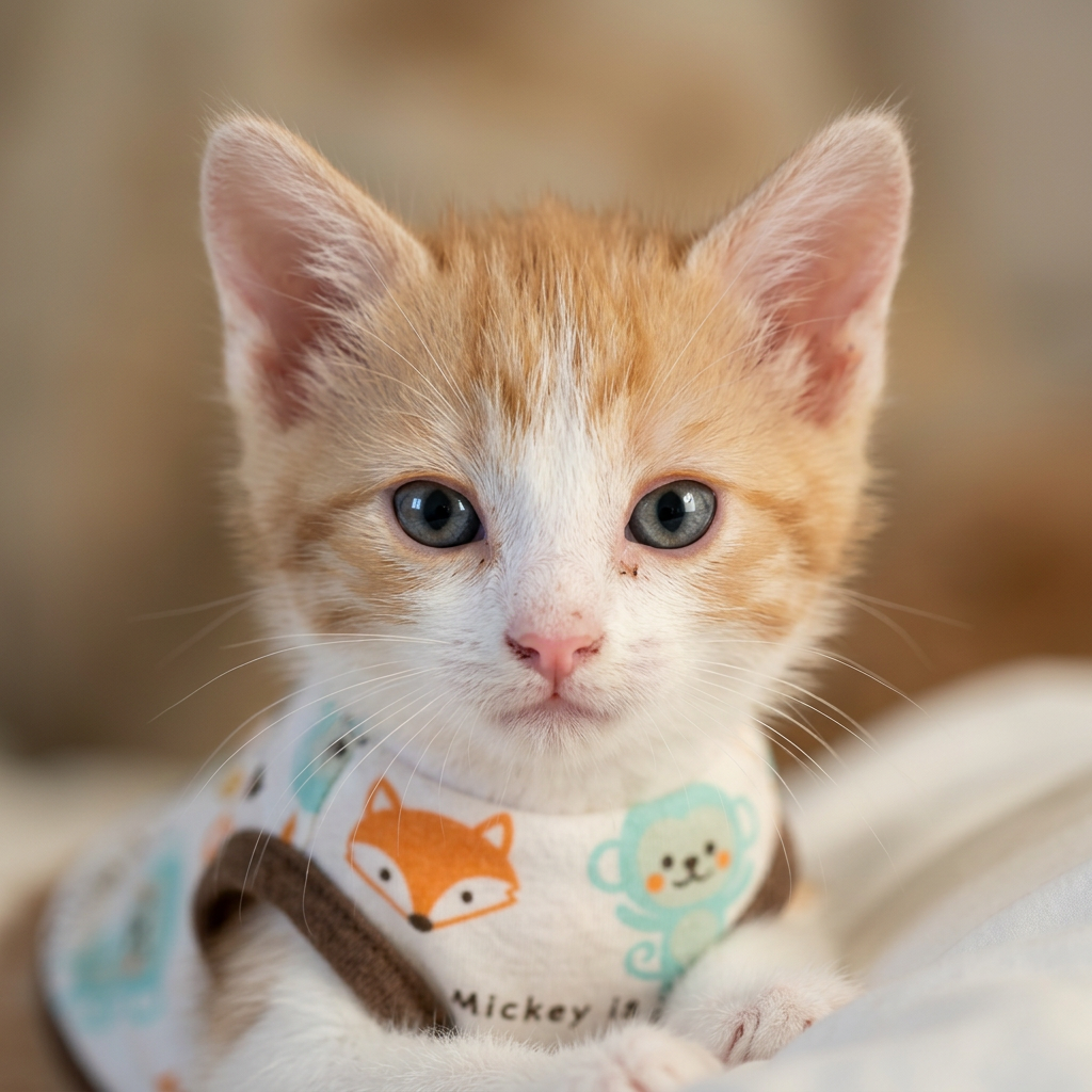 Cheeto, gatito American Shorthair naranja y blanco de dos meses con ojos azul grisáceo, en un retrato de perfil con fondo cálido desenfocado